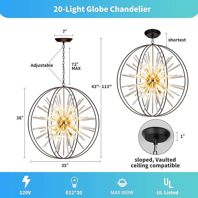 Vezzio 35" Black and Gold Chandelier for Entry Chandeliers for High Ceilings Large Globe Crystal Pendant Lights for Entryway Foyer Stairway Hallway Dining Room Living Room