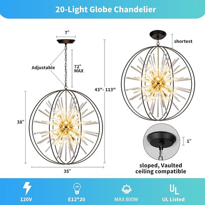 Vezzio 35" Black and Gold Chandelier for Entry Chandeliers for High Ceilings Large Globe Crystal Pendant Lights for Entryway Foyer Stairway Hallway Dining Room Living Room