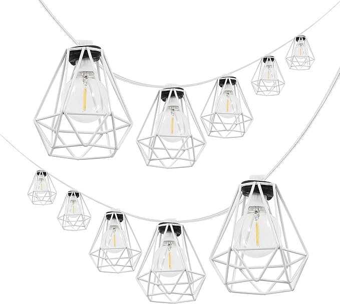 JONATHAN Y 10' White LED String Lights, 10-Light Indoor/Outdoor Set for Patio Deck, Modern Iron Diamond Cage Shade, Weather-Resistant, Connectable, UL Listed (JYL8705B)