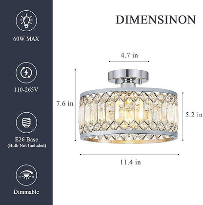 Pevfah Crystal Chrome Ceiling Light, Modern Semi Flush Mount Ceiling Lighting Fixture, Round Hallway Lighting Fixtures for Entryway Kitchen Bedroom Laundry Room, 1-Light, 11.4 Inch
