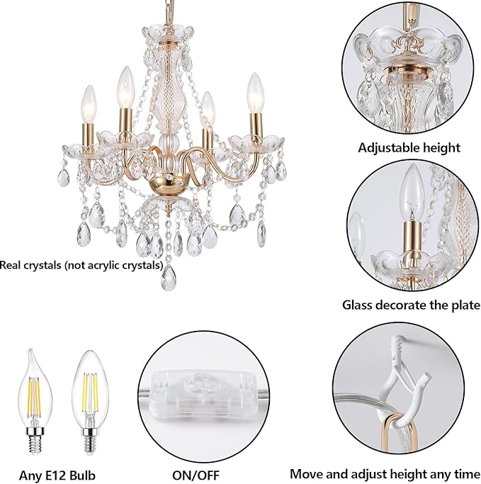 AMZASA Plug in Crystal Chandelier,French Country Gold Crystals Chandelier Pendant Lighting, 4 Light Glass Crystal Light for Living Room, Wedding, Island, Bedroom, Hallway,Foyer,Electroplating