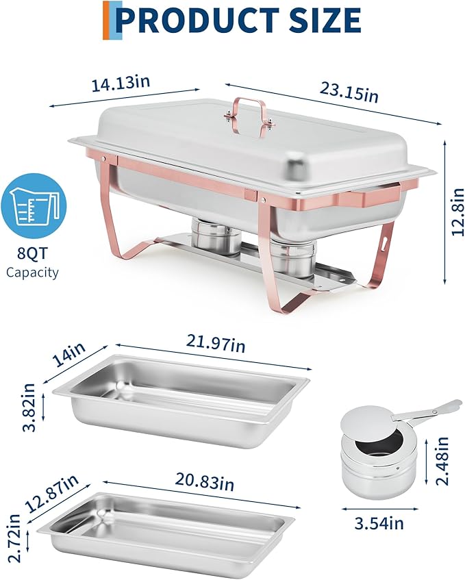 Garvee Chafing Dishes for Buffet Set of 2, 8QT Buffet Servers and Warmers Set with Lid & Foldable Frame, Rectangular Stainless Steel Chafer Food Warmer for Parties Wedding Catering Supplies, Rose Gold