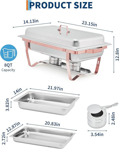 Garvee Chafing Dishes for Buffet Set of 2, 8QT Buffet Servers and Warmers Set with Lid & Foldable Frame, Rectangular Stainless Steel Chafer Food Warmer for Parties Wedding Catering Supplies, Rose Gold