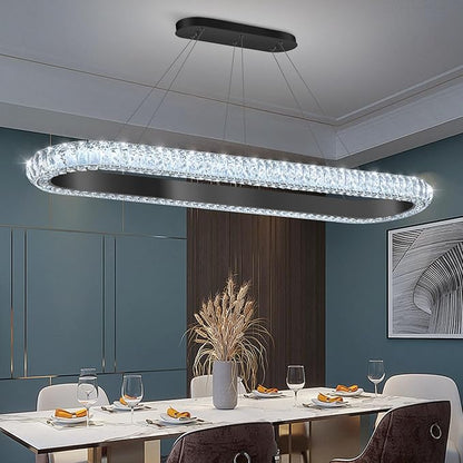 47'' Oval Ring Crystal Chandelier Modern LED Dimmable Ring Pendant Light Chandelier for Dining Room Living Room Black