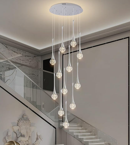 Modern Crystal Staircase Chandelier for High Ceilings, Glam LED Dimmable Pendant Light Living Room Entryway Foyer Chandelier Lighting Fixture Chrome 12-Lights