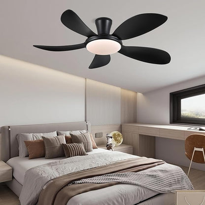 PHORUS 48" Black Low Profile Ceiling Fans with Lights and Remote/APP, Modern Flush Mount Ceiling Fans with Quiet Reversible DC Motor, Dimmable 3 Colors 6 Speeds for Bedroom Kitchen