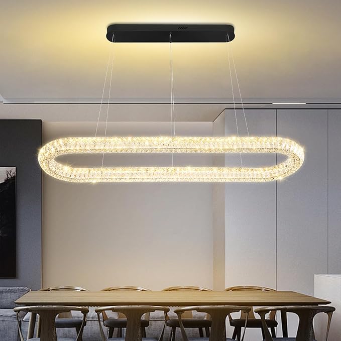 Large Led Ring Chandelier for Living Room Modern 55in Black Linear Oval Chandeliers Over Table Crystal Ring Pendant Light for Dining Room Dimmable 3000K-6000K