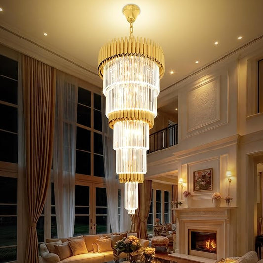 Luxury Gold Crystal Chandelier for High Ceiling 5-Tier Large Stair Chandelier for Foyer Living Room 24″W x 48″H with 100″ Chain 15-Light