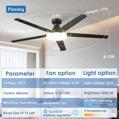 Passky Ceiling Fans with Lights, 60 inch Flush Mount Ceiling fan with Remote Control, Low Profile Ceiling Fan for Bedroom, Farmhouse, Reversible, 3CCT, Dimmable, Noiseless DC Motor, Black