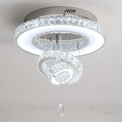 Flashing God Dia 20" Flush Mount Chandeliers Silver Modern Living Room Chandelier LED Crystal Ceiling Light 2 Rings Pendant Light Crystal Chandeliers for Bedroom Dining Room Entryway