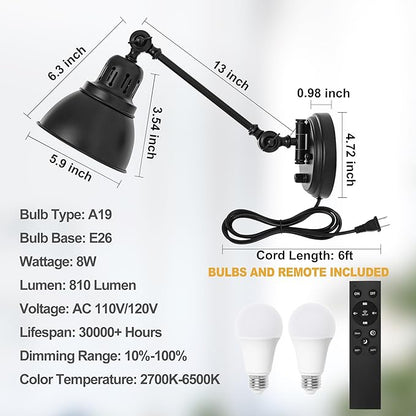 Plug in Wall Sconces Set of Two with Remote, Stepless Dimming & Stepless Colors 2700K-6500K, Swing Arm Wall Lamp, Plug in Wall Light with Night Light & Timer, Hardwired or Plug-in, LED Bulbs Included