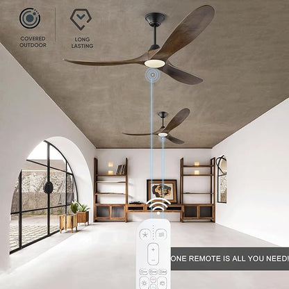 52 Inch Smart Ceiling Fan with Lights, Outdoor Ceiling Fans for Patios Damp Rated, 3 Blades Propeller Walnut Wood Farmhouse Ceiling Fan, Large Airflow DC Ceiling Fan with Remote/ APP/ Alexa Control
