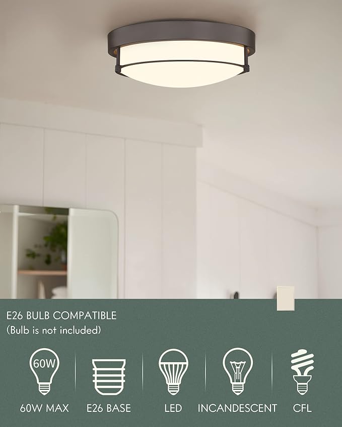 12 inch Flush Mount Ceiling Light, 2-Light Close to Ceiling Light Fixtures with Oil Rubbed Bronze Finish for Bathroom Bedroom Kitchen Hallway, 4822-ORB