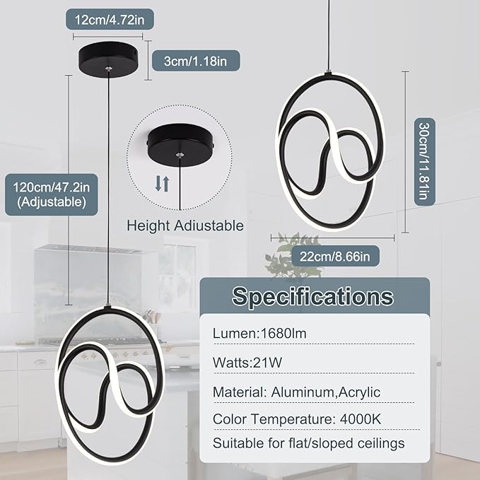 Modern Pendant Lights Fixtures, 4000K LED Black Pendant Light for Kitchen Island, Kitchen Pendant Lighting,Chandeliers for Dining Room Hanging Lights, 1 Pack