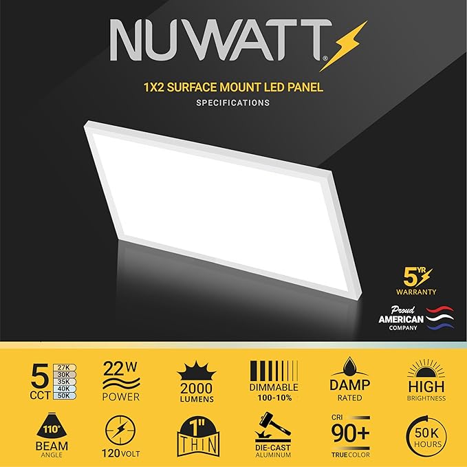 NUWATT 4 Pack, 1x2 LED Flat Panel Light Surface Mount, 5CCT 2700K/3000K/3500K/4000K/5000K Selectable, 2000LM, 22W, Internal Driver, Dimmable, 120V, 1x2 FT Ultra-Thin Ceiling Light Fixture, 1" Thick