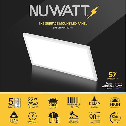 NUWATT 4 Pack, 1x2 LED Flat Panel Light Surface Mount, 5CCT 2700K/3000K/3500K/4000K/5000K Selectable, 2000LM, 22W, Internal Driver, Dimmable, 120V, 1x2 FT Ultra-Thin Ceiling Light Fixture, 1" Thick