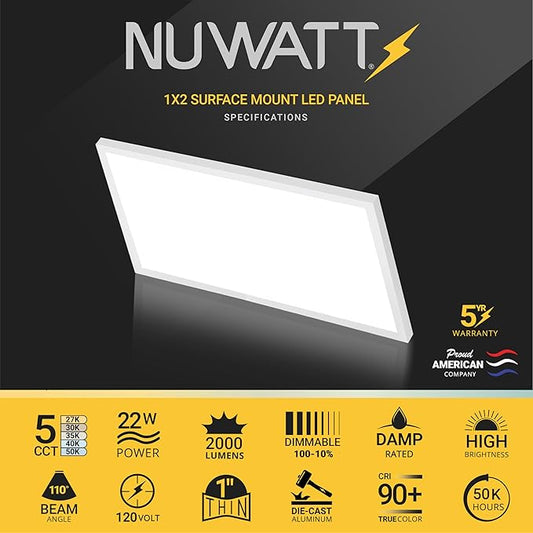 NUWATT 4 Pack, 1x2 LED Flat Panel Light Surface Mount, 5CCT 2700K/3000K/3500K/4000K/5000K Selectable, 2000LM, 22W, Internal Driver, Dimmable, 120V, 1x2 FT Ultra-Thin Ceiling Light Fixture, 1" Thick