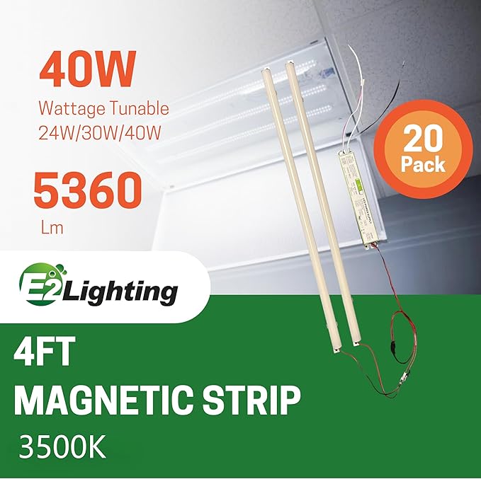 E2 LIGHTING Retrofit Kit 4ft LED 40W, Magnetic Linear Strip, Fluorescent to LED Conversion Kit 3500K, 2x4ft Panel Light Tube, 5400LM Warm White, 0-10V Dimmable, Office Use (3500K-20 Pack)