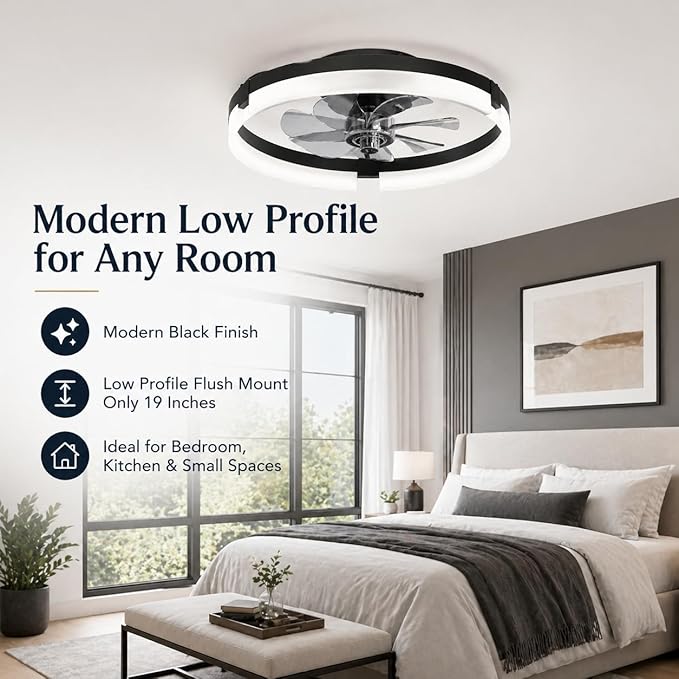 19" Low Profile Ceiling Fan with Lights and Remote, Modern Black Flush Mount Bladeless Ceiling Fan, App Control Smart Fandelier, 6 Speeds Reversible Motor, Dimmable LED Fan Light for Bedroom, Kitchen