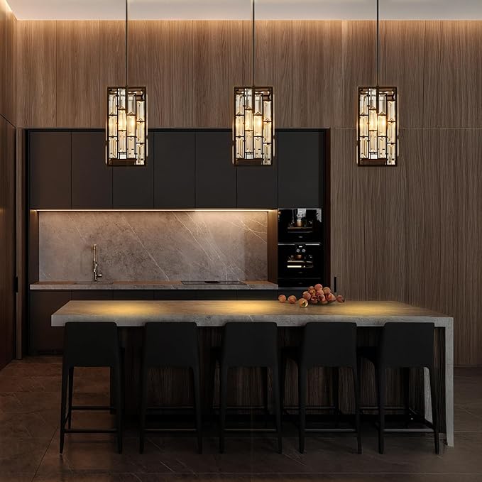 Black Crystal Pendant Lights for Kitchen Island, 3 Pack Modern Mini Hanging Light Fixtures with Adjustable Cord, E26 Ceiling Pendant Lighting for Dining Room, Entryway, Hallway, Bar
