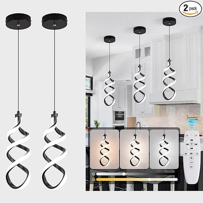 EIDISUNY Modern Led Pendant Light Fixture, 15W Black Spiral Led Chandelier Hanging Lamp, 3000K-6000K, Dimmable Pendant Lamp, Adjustable Height Pendant Light for Kitchen Island Dining Room Bedroom Cafe