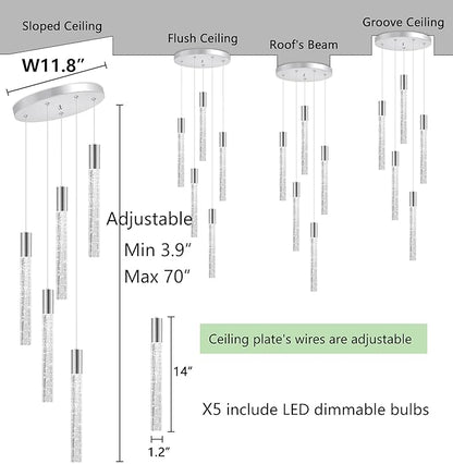 HAIXIANG 5-Lights Chandelier Modern Crystal Glam Light Remote Dimmable Pendant Lighting for Kitchen Island Dining Room Shiny Silver Light