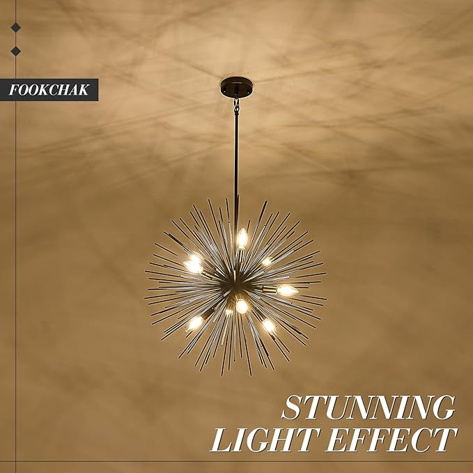 24in Black Sputnik Chandelier 9-Light Starburst Chandelier Light Fixture Solid Metal Mid-Century Modern Satellite Light Fixture for Dining Room Bedroom Bathroom Entryway Kitchen Island