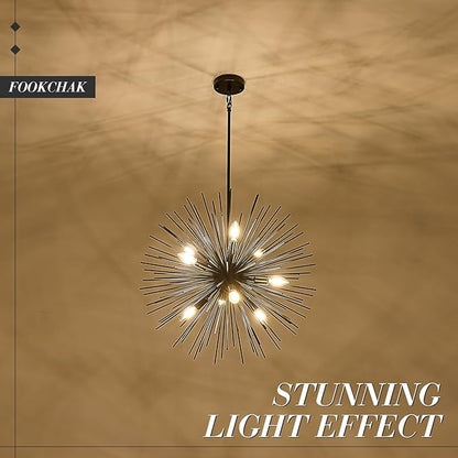 24in Black Sputnik Chandelier 9-Light Starburst Chandelier Light Fixture Solid Metal Mid-Century Modern Satellite Light Fixture for Dining Room Bedroom Bathroom Entryway Kitchen Island