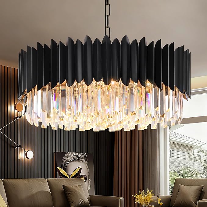 Modern Black Crystal Chandelier 20" 8-Light 4-Tier K9 Crystal Round Pendant Light Large Crystal Chandeliers for Dining Room Living Room Kitchen Island
