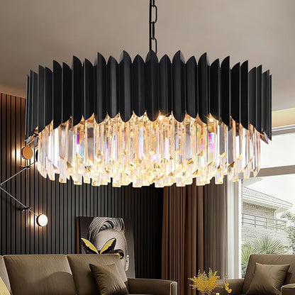 Modern Black Crystal Chandelier 20" 8-Light 4-Tier K9 Crystal Round Pendant Light Large Crystal Chandeliers for Dining Room Living Room Kitchen Island