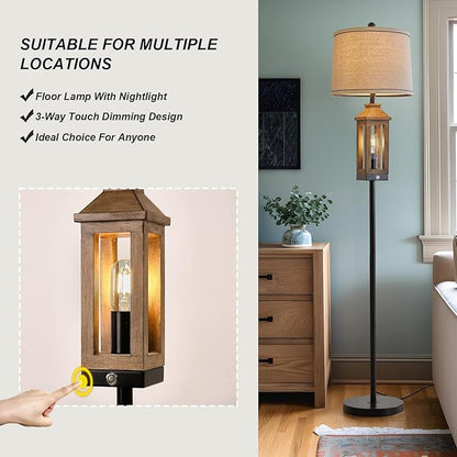 G-SAFAVA 63" Farmhouse Floor Lamps for Living Room Bedside Nightstand Lamp Black Tall Standing Lamp for Home Decor Bedroom Reading Wood Lamp Rustic Bed Lights with 2 Light Sources