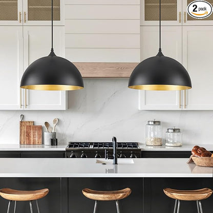 Black Pendant Lights Kitchen Island 2 Pack, 14 Inch Large Dome Pendant Light, Black and Gold Farmhouse Pendant Light, Island Pendant Lights for Kitchen, Dining Room