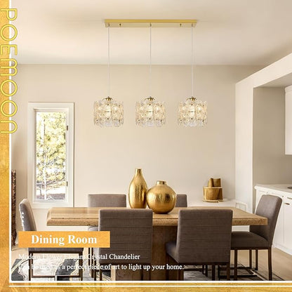 3-Lights Flower Glass Pendant Light for Kitchen Island Modern Gold Linear Chandelier Adjustable Ceiling Pendant Lighting for Bar Dining Room Living Room