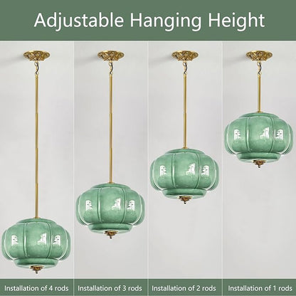 Milk Glass Pendant Light, 15 Inch Green Handblown Shade with Antique Brass Hardware, Adjustable Hanging Rod Vintage Chandelier, Dimmable E26 Base Fixture for Kitchen Island, Dining Room, Livingroom