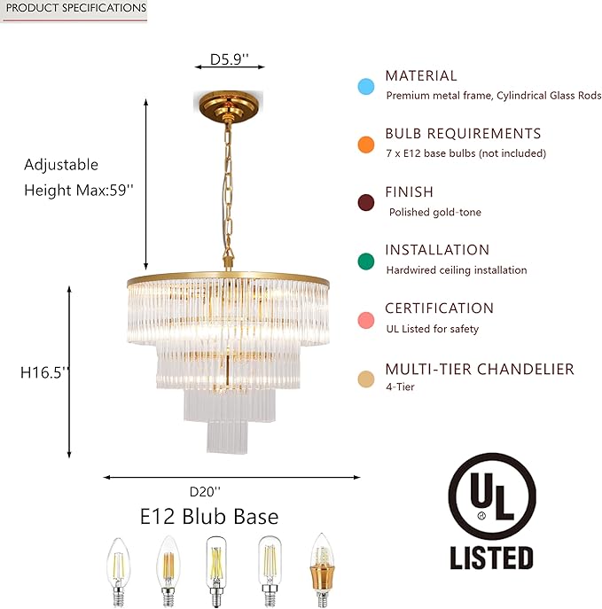 Modern Multi-Tier Crystal Chandelier 4-Tier Round Gold Finish Ceiling Light -Cylindrical Glass Rods -Dining Room Living Room Bedroom Entryway -Luxury Lighting Fixture 20''