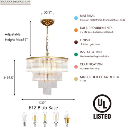 Modern Multi-Tier Crystal Chandelier 4-Tier Round Gold Finish Ceiling Light -Cylindrical Glass Rods -Dining Room Living Room Bedroom Entryway -Luxury Lighting Fixture 20''