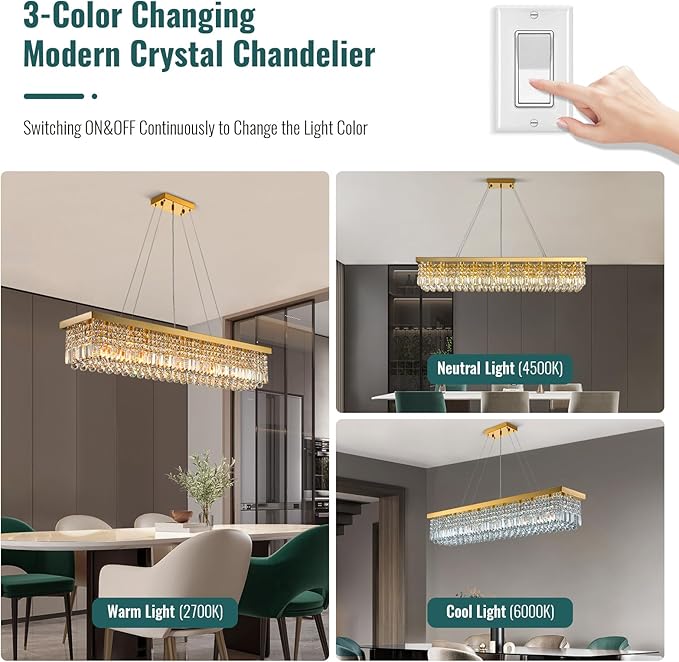 Siljoy Rectangular Gold Crystal Chandelier for Dining Room, 10-Light Modern Rectangle K9 Crystal Raindrop Chandelier, Luxury Dimmable Crystal Ceiling Light for Living Room Kitchen Island L47''