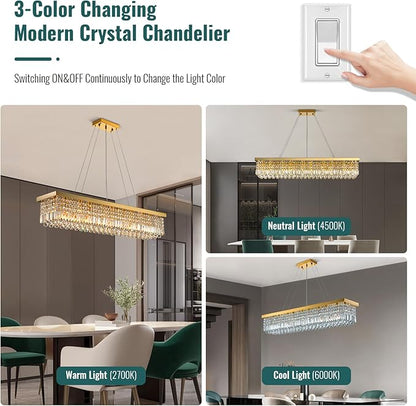 Siljoy Rectangular Gold Crystal Chandelier for Dining Room, 10-Light Modern Rectangle K9 Crystal Raindrop Chandelier, Luxury Dimmable Crystal Ceiling Light for Living Room Kitchen Island L47''