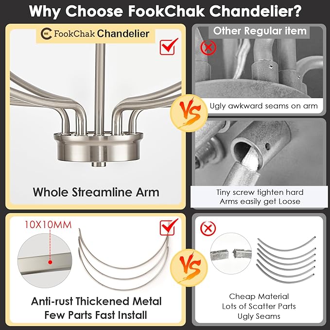 Brushed Nickel Chandelier, 6-Light Dining Room Chandelier Chrome Light Fixture Metal Candle Kitchen Chandeliers 28inch Round Chandeliers with Long Chain for Bedroom Living Room