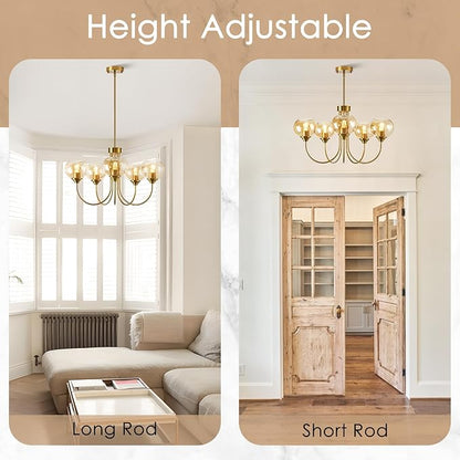 Mid Century Modern Globe Chandelier 5 Light Amber Glass Vintage Sputnik Chandeliers Gold Pendant Light Fixtures for Dining Room Kitchen Living Room Bedroom