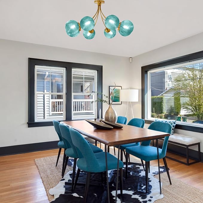 Modern 8-Lights Chandelier Ceiling Pendant Light Dining Room Chandelier Over Table 32.2" Flush Mount Ceiling Lights for Living Room Bedroom Kitchen (Lake Blue)