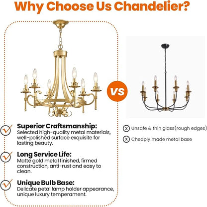 Modern Gold Candle Chandelier, 6-Light Farmhouse Chandeliers for Dining Room Lighting Fixtures Hanging, Dining Light Fixtures Iron Metal Pendant Light Fixture for Bedroom Living Room Kitchen Foyer