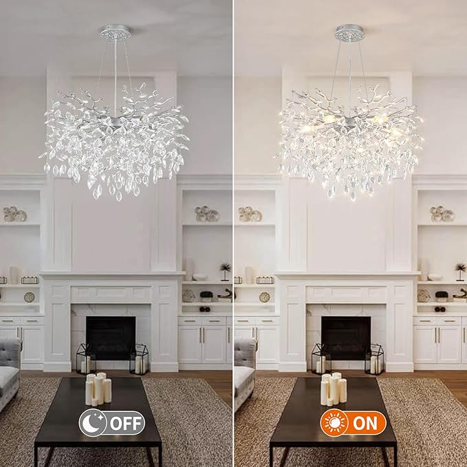 EGM 24-Inch Modern Crystal Chandeliers for Living Room, Silver Crystal Chandeliers for Dining Room, 8-Light Modern Raindrop Leaf Chandelier for Bedroom, Babyroom, E12