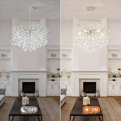 EGM 24-Inch Modern Crystal Chandeliers for Living Room, Silver Crystal Chandeliers for Dining Room, 8-Light Modern Raindrop Leaf Chandelier for Bedroom, Babyroom, E12