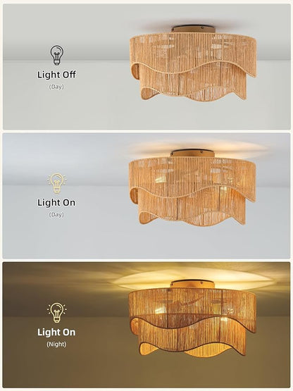 Flush Mount Ceiling Fan with Lights, 20" Low Profile Boho Ceiling Fan with Light Remote Control, Caged Rattan with 6 Speeds for Bedroom, Nursery, Living Room
