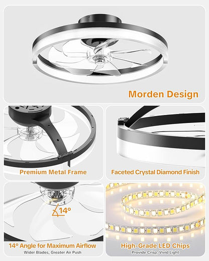 Ceiling Fans with Lights and Remote Low Profile Flush Mount LED Ceiling Fan with Lights 3000K-6500K Dimmable Foldable Fandelier Light 6 Wind Speeds Night Light for Bedroom Living Room Black