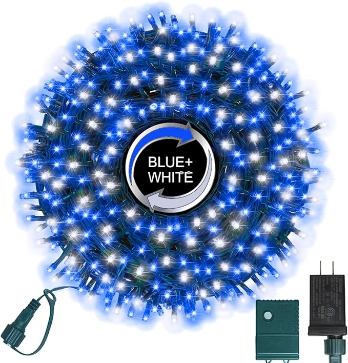 LAMPHOME 500 LED Blue White String Lights, 46ft 16 Modes Plug in Twinkle Fairy Lights, Waterproof Blue LED Christmas Lights Outdoor for Christmas Tree Bedroom Party Wedding Decor
