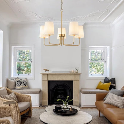 AMZASA Antique Brass Gold Chandelier with Shades, Electroplated Finish, 5 Light Modern Farmhouse Chandeliers with White Fabric Shade, Linear Island Chandelier Lights for Dining Room,Kitchen,Foyer