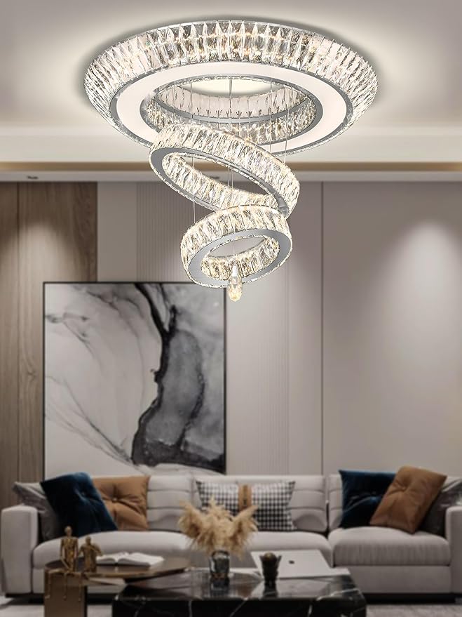D32 Inch Modern Large Ring Crystal Chandelier Modern Luxury Ceiling Lights Fixture for Dining Living Room 3-Tier Raindrop Chandeliers Lighting LED 3000-6000K Infinity Dimmable