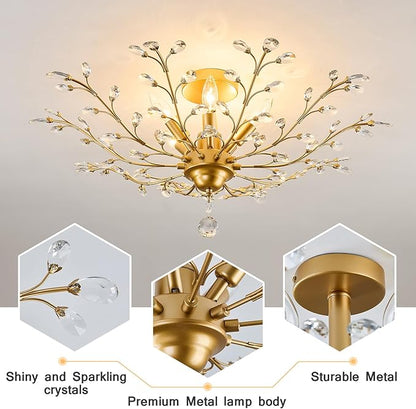 CVKASH 5-Light Vintage Small Crystal Chandelier Modern Brushed Gold Branche Ceiling Light Fixture Farmhouse for Kitchen Dining Room Living Room Bedroom Hallway Foyer